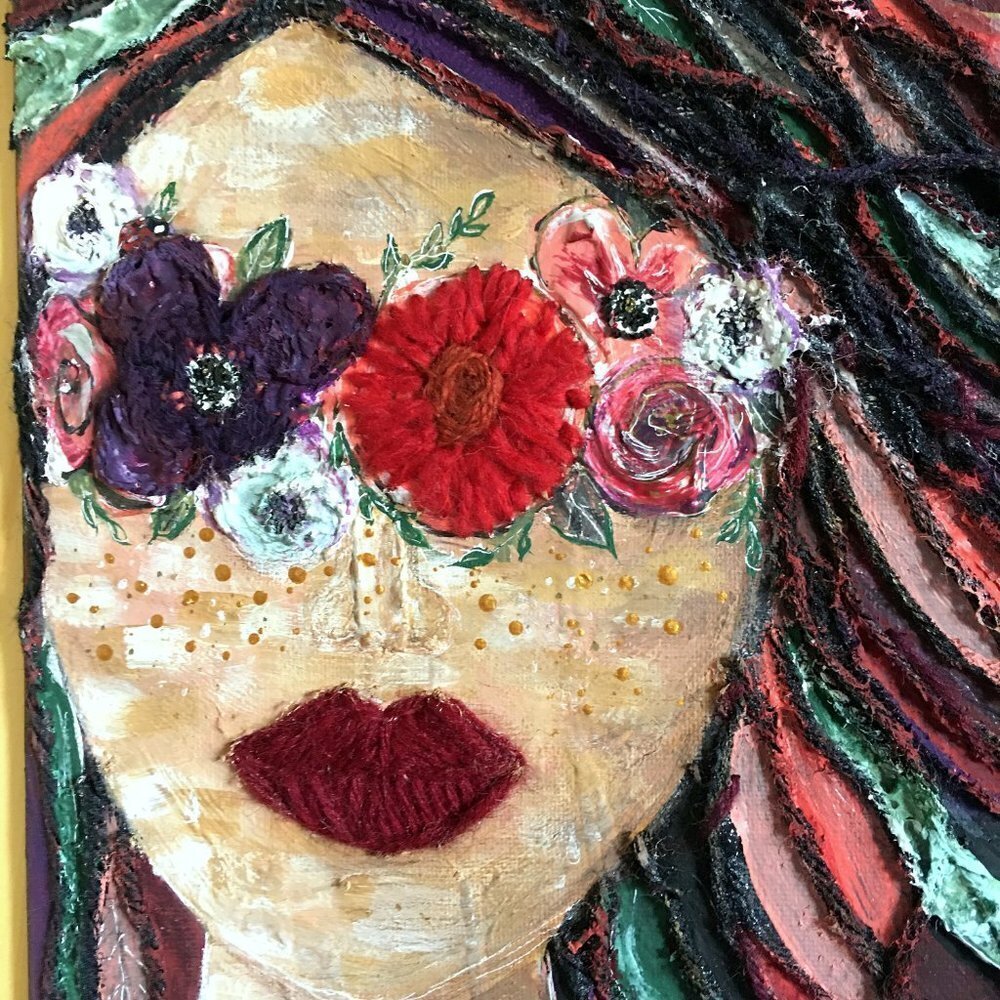 Boho Painting with Embroidered Flowers, Girl Mother Nature Art, Witchy Decor - Picture 6 of 12